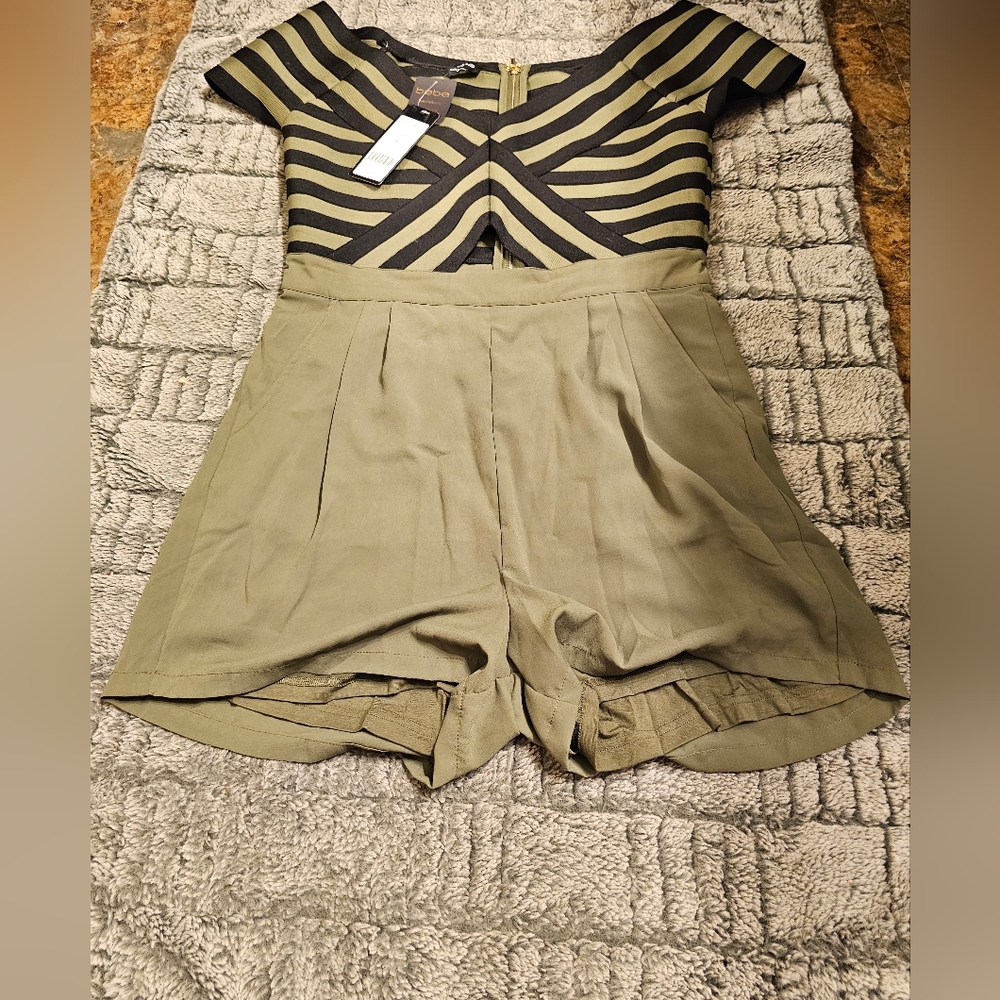 NWT Bebe Striped Green & Black Romper
